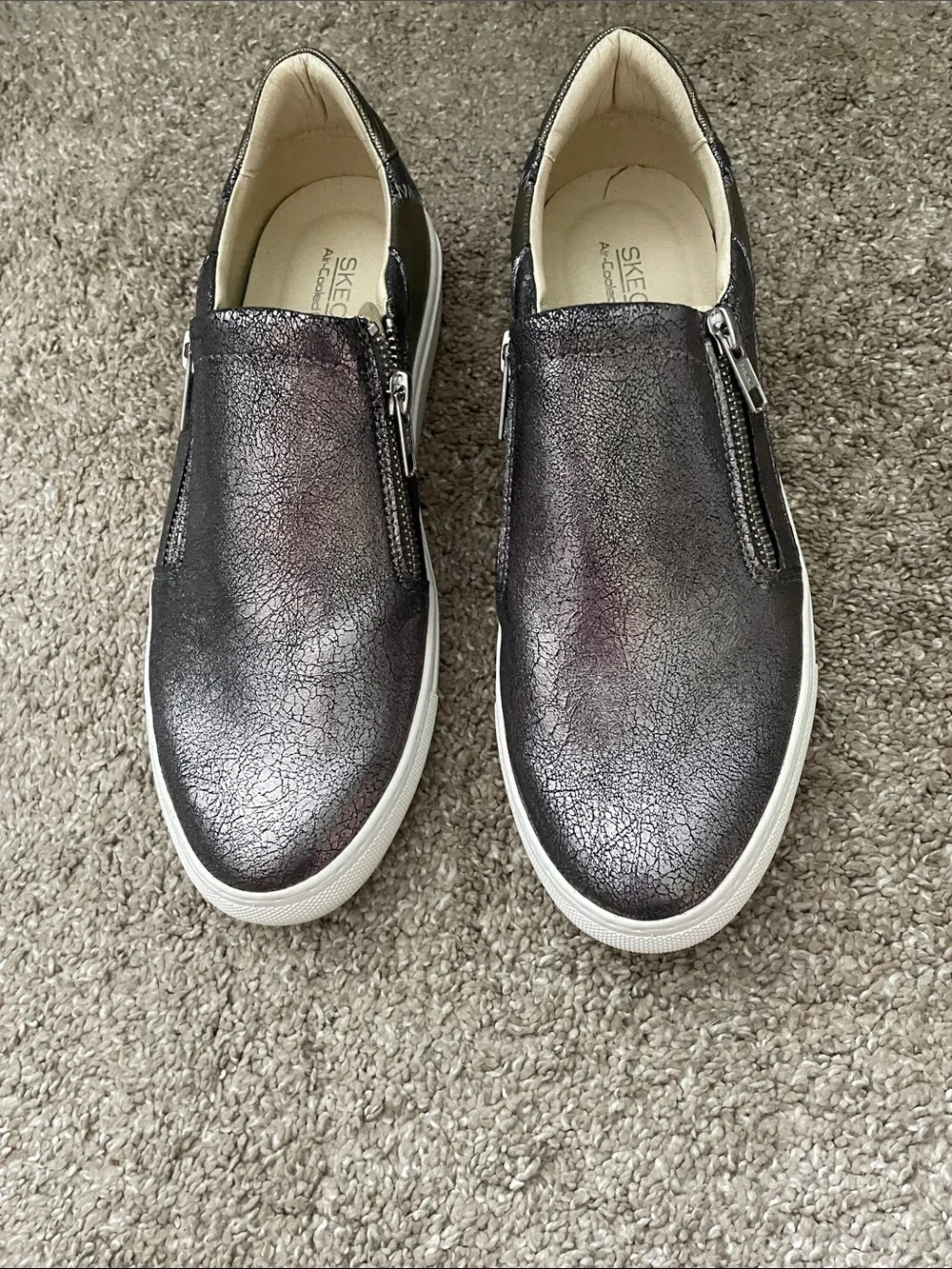 Skechers Metallic Pewter Slip-On Athletic Sneakers